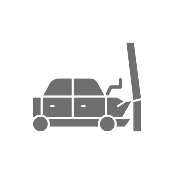 Une voiture percutée dans un poteau, accident de transport, icône grise. — Image vectorielle