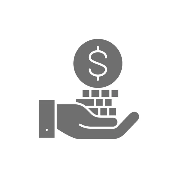 Mano con pila de monedas, ahorrar dinero, invertir icono gris. — Vector de stock