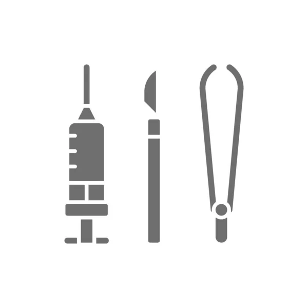 Instrumente für die Chirurgie, medizinisches Skalpell, Pinzette, Klemme und Spritze graues Symbol. — Stockvektor