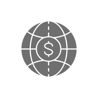 Madeni parası, küresel parası, para transferleri, para birimi gri simgesi olan dünya.