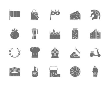 İtalyan Kültür Gri Simgeleri seti. Mandarin, Gondol, Geleneksel Venedik Maskesi, Konserve Zeytin, Zeytin dalı, Makarna, Pizza ve daha fazlası.