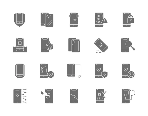 Conjunto de ícones de reparação de telefone cinza. Spam móvel, vidro de proteção, vírus de software —  Vetores de Stock