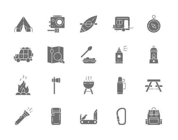 Set von Camping Grey Icons. Grill, Kanu, Anhänger, Gaslampe, Lagerfeuer, Beil, Insektenspray, Taschenlampe, Wandernahrung und mehr. — Stockvektor