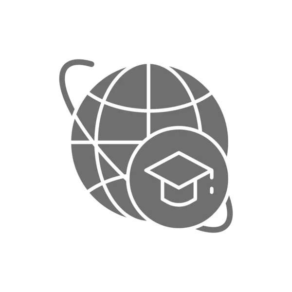 Plafond des diplômes et monde, icône grise de l'éducation mondiale. — Image vectorielle
