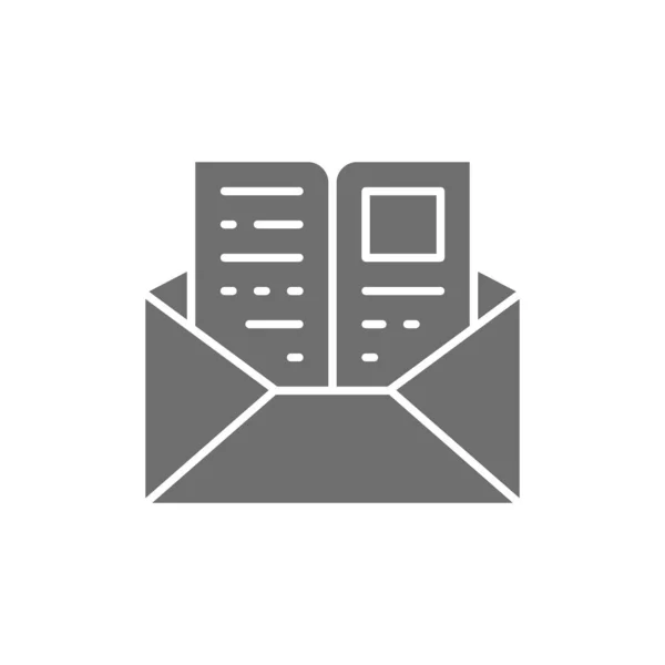 Lettre avec une page, invitation à étudier, enveloppe mail icône grise. — Image vectorielle