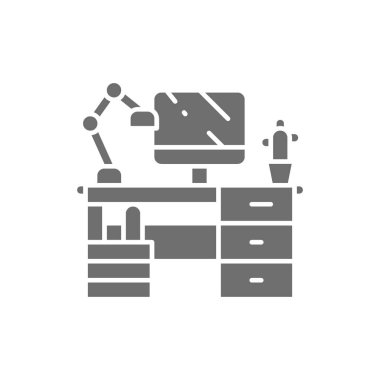 Çalışma yeri, bilgisayar ve lamba gri simgesi olan masa.