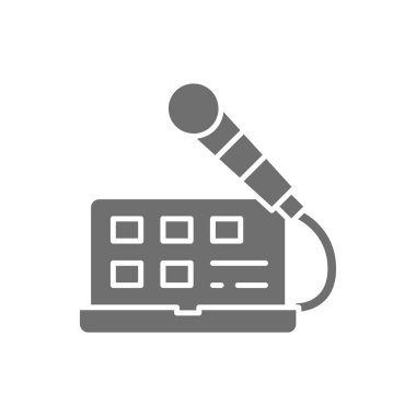 Mikrofonlu dizüstü bilgisayar, ses kaydı, radyo sunucusu, gri simge yayınlar.