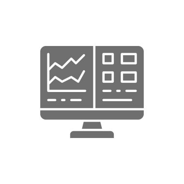 Hesap tablosu olan bilgisayar ekranı, mali muhasebe raporu gri simgesi.