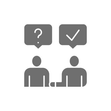 Adam soruları cevaplıyor, konuşma balonu olan insanlar, iletişim gri simgesi.