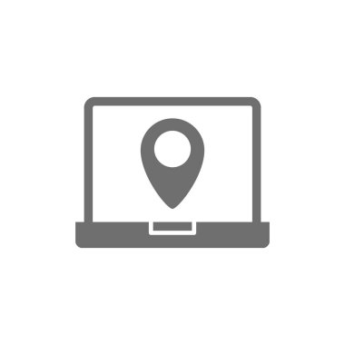 Hedef işaretli dizüstü bilgisayar, navigatör, konum belirleme gri simgesi.