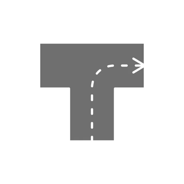 Straße mit Richtung, Kreuzung, rechts abbiegen, graues Symbol. — Stockvektor