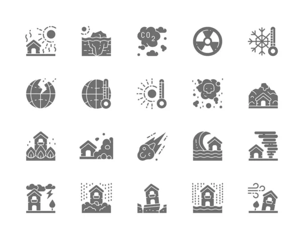 Sada šedých ikon přírodní katastrofy. Sucho, globální oteplování, znečištění a další. — Stockový vektor