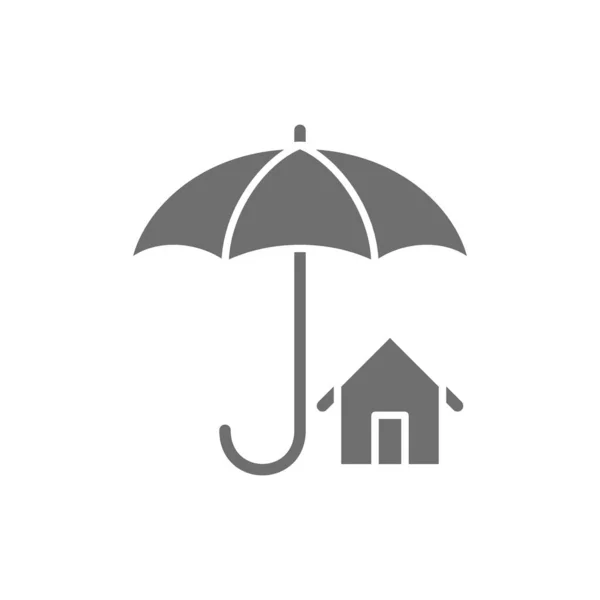 House insurance, umbrella with building, real estate protection grey icon. — Stock Vector