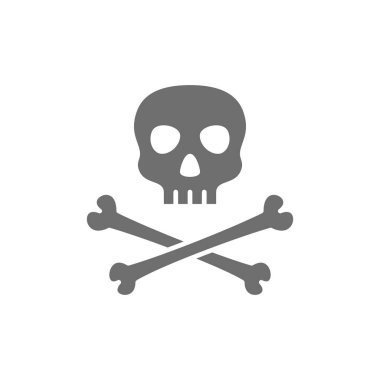 Çapraz kemikli gri ikonlu korsan kafatası. Beyaz arkaplanda izole