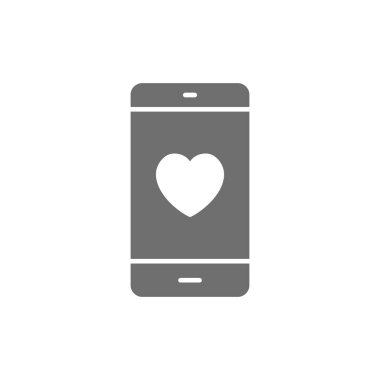 Ekranda kalbi olan akıllı telefon, aşk mesajı gri simgesi.