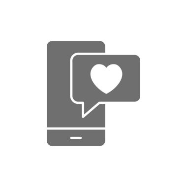 Kalp baloncuklu telefon, aşk sohbeti, mesaj gibi, pozitif geribildirim gri simgesi.