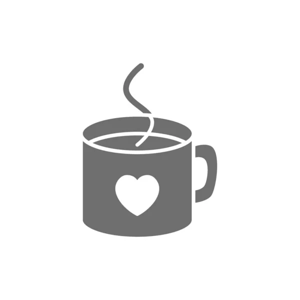 Hot cup with heart, valentine day grey icon. — Stock Vector