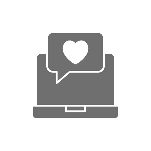 Ordinateur portable avec bulle cardiaque, chat d'amour, comme message, rétroaction positive icône grise. — Image vectorielle