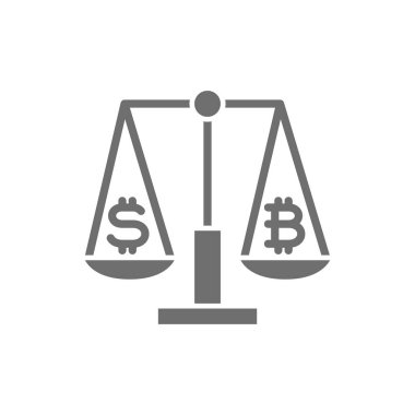 Dolar ve bitcoin işaretli ölçekler, kripto döviz simgesi gri simgesi.