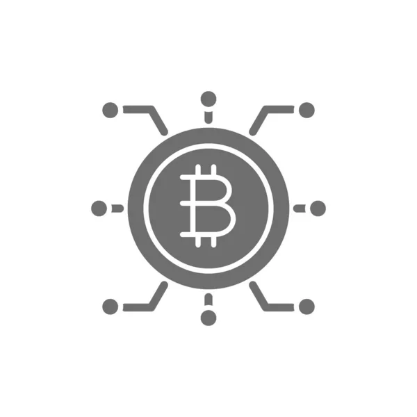Bitcoin pièce avec contacts fermés, icône grise blockchain. — Image vectorielle