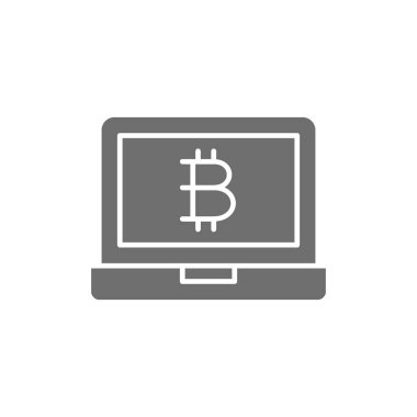 Bitcoin işaretli dizüstü bilgisayar görüntüsü, blok zinciri gri simgesi.