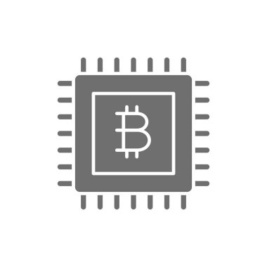 Üzerinde bitcoin işareti olan ana kart, blok zinciri gri simgesi.