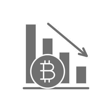 Grafik aşağı, bitcoin para, kripto para birimi gri simgesi.