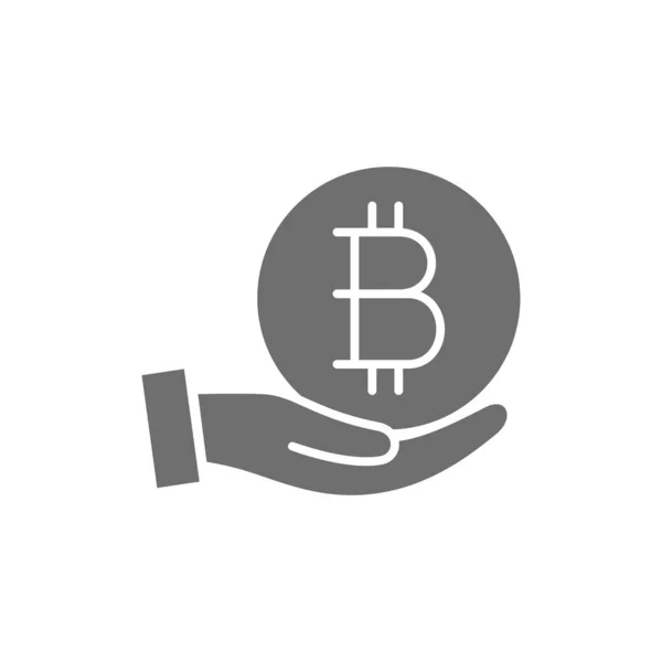 Main avec Bitcoin pièce, crypto-monnaie icône grise. — Image vectorielle