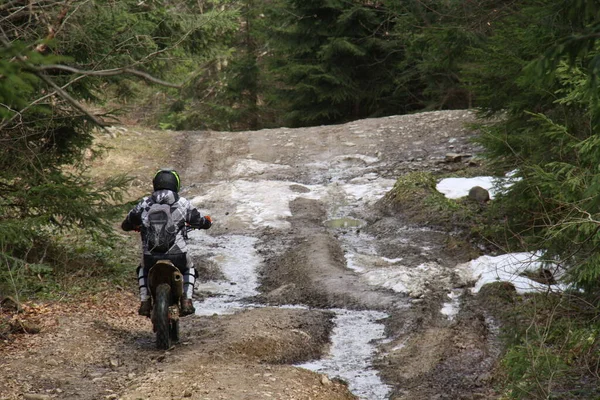 Fotografía Del Paisaje Motociclista Viaja Través Del Bosque Terreno Montañoso — Foto de Stock