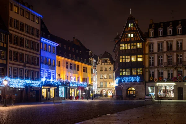 Kvällsgata Strassbourg Frankrike Juldekoration Och Belysning — Stockfoto