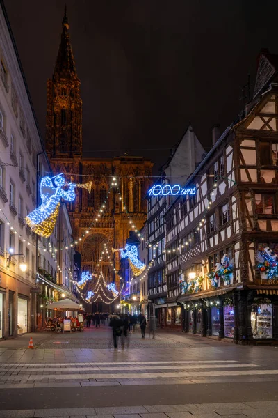 Kvällsgata Strassbourg Frankrike Juldekoration Och Belysning — Stockfoto