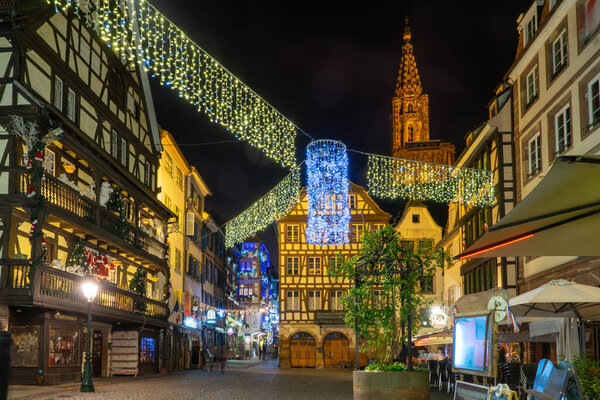 Evening street in Strassbourg, France, Christmas decoration and lights