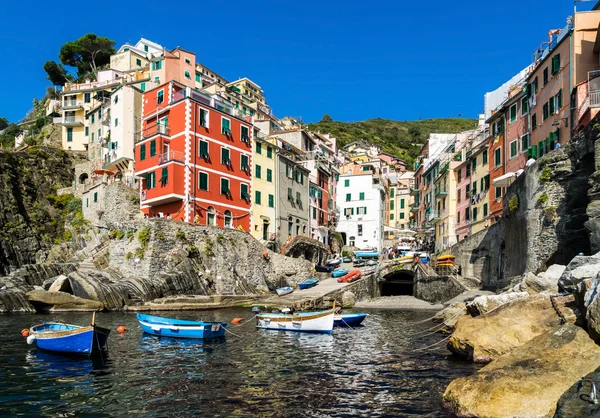Riomaggiore Dorf auf Felsen und Meer lizenzfreie Stockbilder