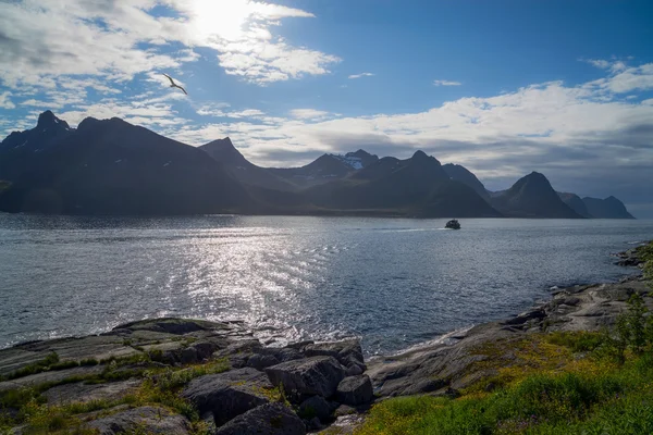 Husoy, norge, Fischerschiff im Fjord — Stockfoto