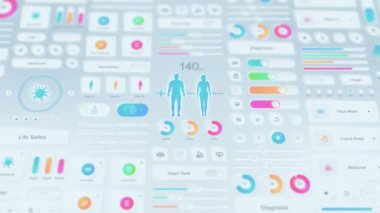 Tıbbi uygulamanın yaratıcı tasarımı. Neumorfizm. Merhaba teknoloji paneli. Tıbbi ve sağlık konsepti. UI, UX, GUI mobil ekranlar, modern bilgi ekranları. Döngü canlandırması.