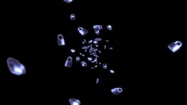 Siyah arka planda bir sürü gümüş asma kilit uçuruyor. Güvenlik ya da gizli koruma kavramı. Dönen asma kilitlerin 3 boyutlu animasyonu. Döngü canlandırması.