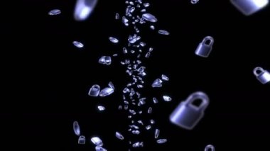 Siyah arka planda bir sürü gümüş asma kilit uçuruyor. Güvenlik ya da gizli koruma kavramı. Dönen asma kilitlerin 3 boyutlu animasyonu. Döngü canlandırması.