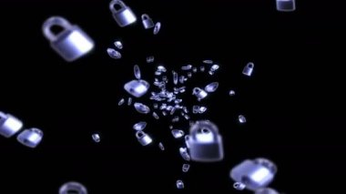 Siyah arka planda bir sürü gümüş asma kilit uçuruyor. Güvenlik ya da gizli koruma kavramı. Dönen asma kilitlerin 3 boyutlu animasyonu. Döngü canlandırması.