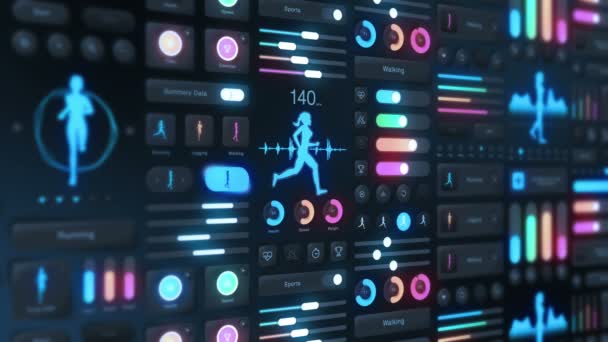 Tech Panel Fitness Application Dark Background Концепція Бігу Спорту Gui — стокове відео