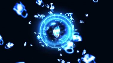 Dijital arka planda asma kilit uçuyor. Ağ koruması ve güvenlik kavramı. Siber veri ya da bilgi. Soyut internet teknolojisi. Döngü canlandırması.