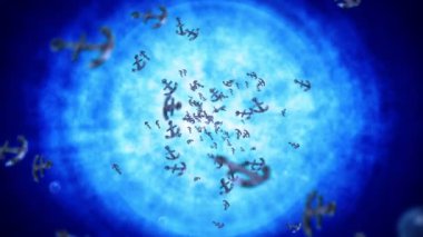 Mavi sularda bir sürü çapa sallıyor. Gemi ve gemi çapası. Deniz ikonu. Çapa dönüşünün 3 boyutlu döngü canlandırması.