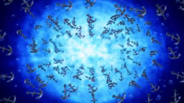 Mavi sularda bir sürü çapa sallıyor. Gemi ve gemi çapası. Deniz ikonu. Çapa dönüşünün 3 boyutlu döngü canlandırması.