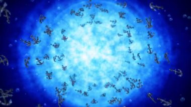 Mavi sularda bir sürü çapa sallıyor. Gemi ve gemi çapası. Deniz ikonu. Çapa dönüşünün 3 boyutlu döngü canlandırması.