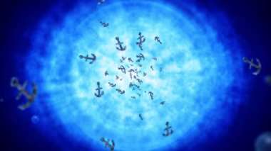 Mavi sularda bir sürü çapa sallıyor. Gemi ve gemi çapası. Deniz ikonu. Çapa dönüşünün 3 boyutlu döngü canlandırması.