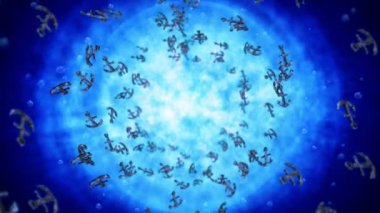 Mavi sularda bir sürü çapa sallıyor. Gemi ve gemi çapası. Deniz ikonu. Çapa dönüşünün 3 boyutlu döngü canlandırması.