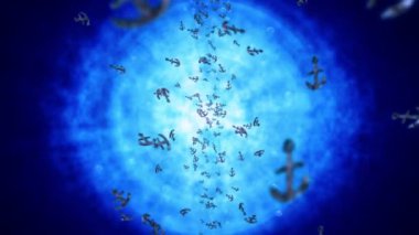 Mavi sularda bir sürü çapa sallıyor. Gemi ve gemi çapası. Deniz ikonu. Çapa dönüşünün 3 boyutlu döngü canlandırması.