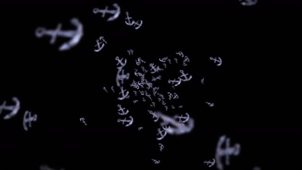 在黑色背景上飞行了许多锚 船和船锚 海洋图标 锚旋转的三维环路动画 — 图库视频影像