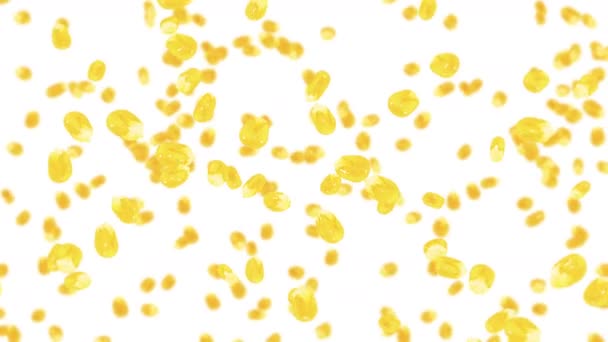 在白色背景上飞行许多玉米粒 黄色甜玉米种子 素食主义者健康食品 玉米轮作3D循环动画 — 图库视频影像