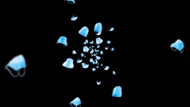 Siyah arka planda bir sürü mavi maske uçuruyor. Tıbbi konsept. Cerrahi koruyucu maskeler. Maske dönüşünün 3 boyutlu animasyonu. Döngü canlandırması.