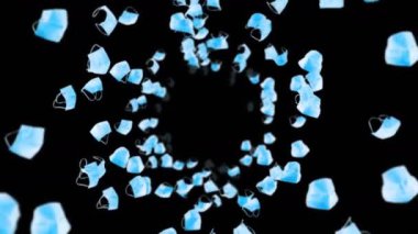 Siyah arka planda bir sürü mavi maske uçuruyor. Tıbbi konsept. Cerrahi koruyucu maskeler. Maske dönüşünün 3 boyutlu animasyonu. Döngü canlandırması.